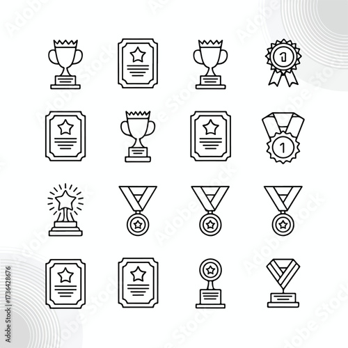 A collection of black and white award and achievement icons. Editable stroke.