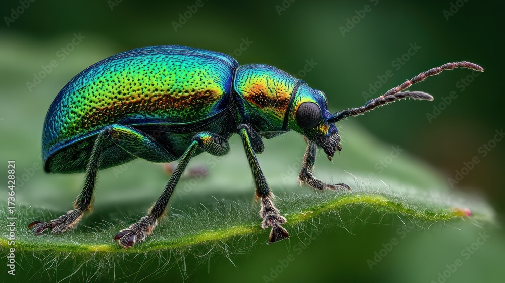 Naklejka premium Close-up of a vibrant iridescent beetle with metallic green, blue, and gold hues resting on a lush green leaf in nature