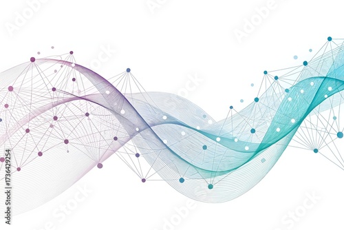 Flowing waves of interconnected nodes and lines in purple and teal