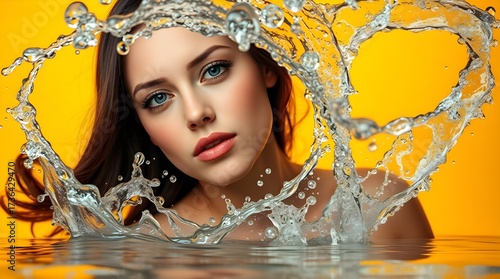 Professional photograph, natural earth tones, a photorealistic high-speed capture of a beautiful woman surrounded by splashing water. Dynamic motion, intricate ripples, droplets, and air bubbles.