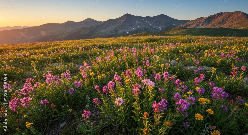 Fototapeta premium Scenic vista of a wildflower meadow in the mountains during a golden sunrise