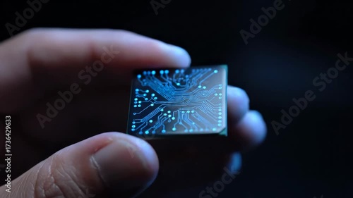AI Chip Held in Hand, Glowing Circuit Board - A close-up shot showcases a glowing AI processor chip held in a human hand.