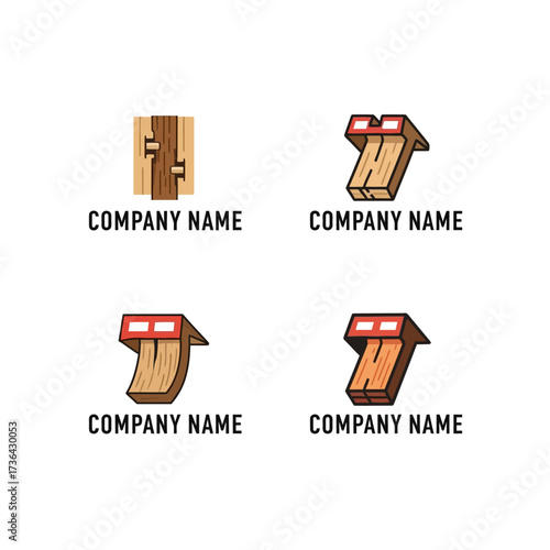 Four distinct logos featuring wooden joinery and stylized house shapes, ideal for carpentry or construction businesses.