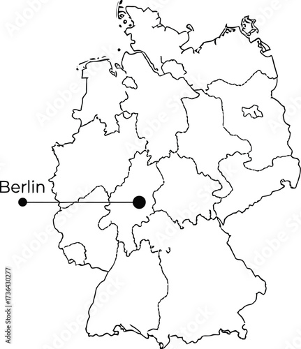 Outline map of germany with internal borders and berlin marked with a line and a black circle