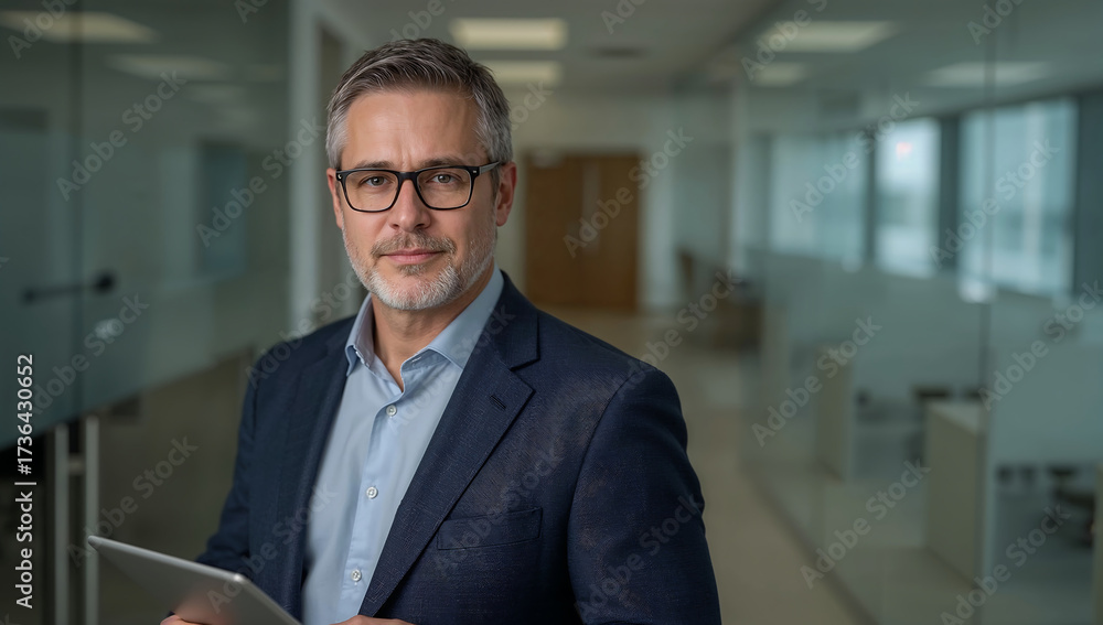 Obraz premium Confident, professional businessman with tablet confidently leading modern corporate strategy in bright office environment