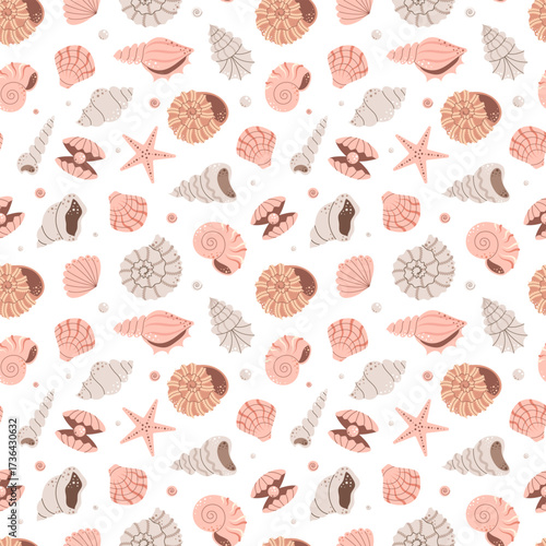 Seamless pattern with shells and mollusks. Summertime. Flat vector illustration.