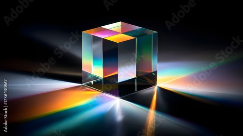 A clear, transparent cube prism refracts light, creating a beautiful spectrum of colorful light rays on a dark reflective surface.