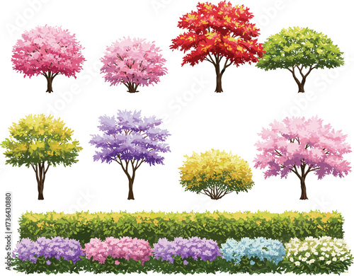 Collection of colorful ornamental trees and flowering hedge with pink, purple, red, yellow, and green foliage for garden landscape design"