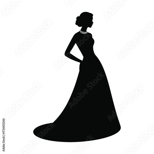 Elegant woman silhouette in evening gown standing pose black and white vector illustration with minimal design
