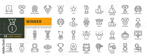Minimalist Winner line icons set with editable stroke, featuring winning badge, trophy, best performance, top, medal, star, contest prize, champion, award coronal, extence. thin linear illustration.