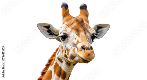 Isolated Close-up Portrait of a Giraffe Showing Head, Ears, Neck and Horns Against Simple Backdrop