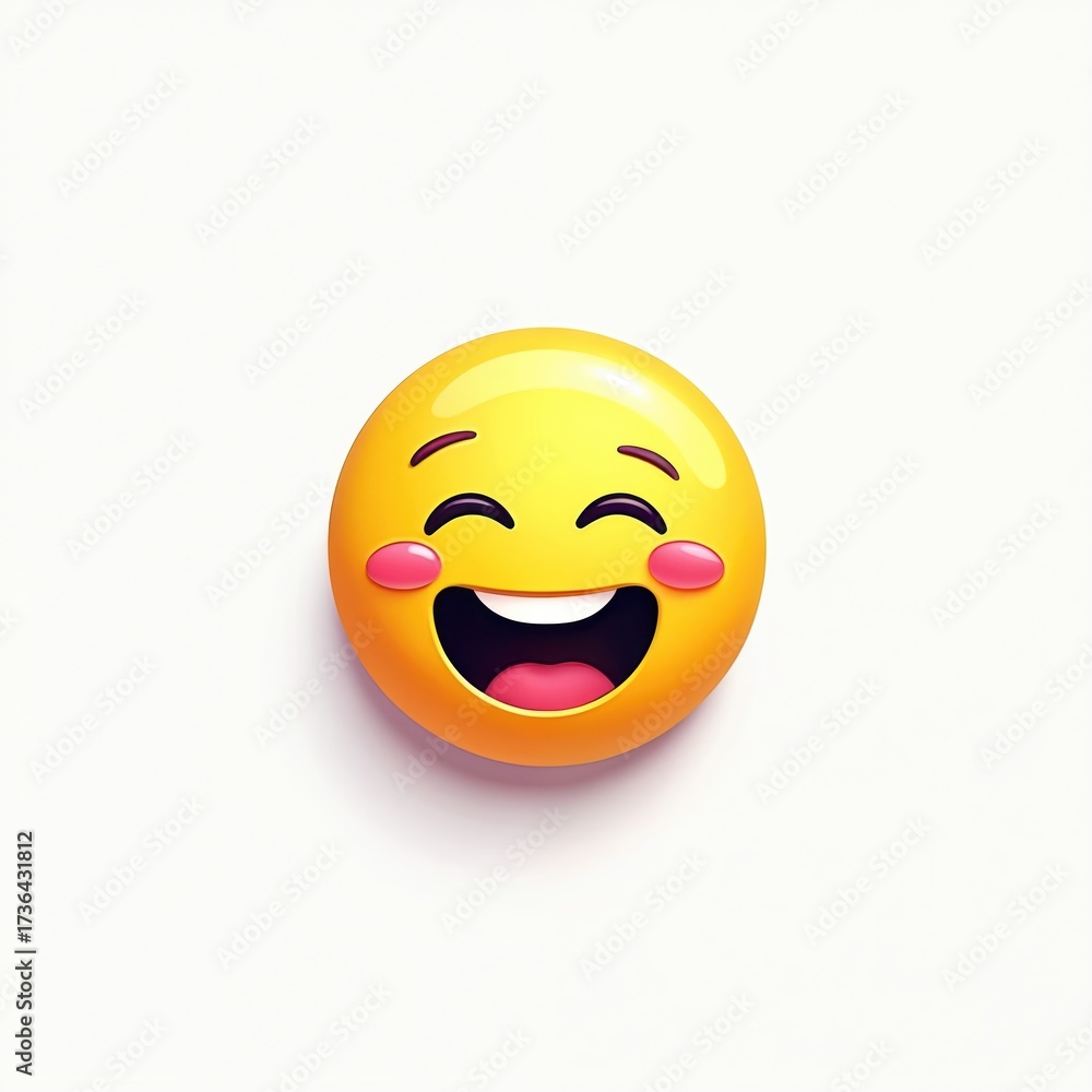 Fototapeta premium Yellow face with closed eyes and rosy cheeks expressing joy. Smiling emoji with open mouth and tongue out. Cartoon illustration of happy face symbol.