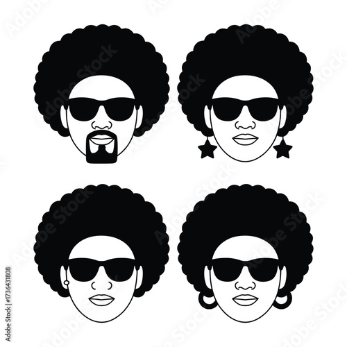 Minimalist black and white illustration of four stylized afro portraits with sunglasses in retro 1970s aesthetic