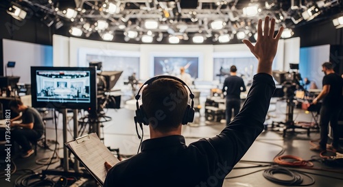 Man with headphones directing a tv production in a studio with lights and cameras and other crew members