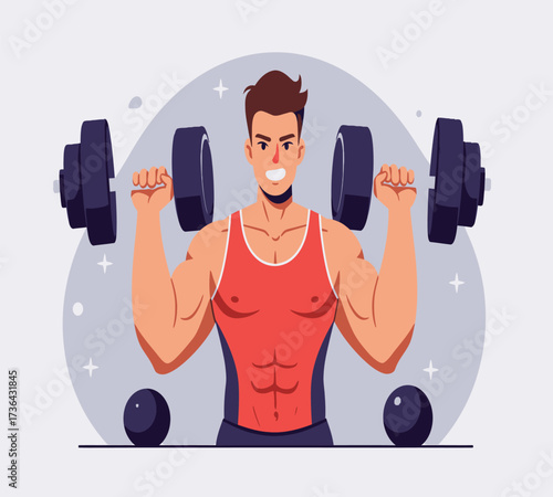 Vector art of a muscular man is depicted lifting dumbbells in a vibrant and dynamic illustration, showcasing his strength and fitness against a backdrop of geometric shapes and bold color contrasts.
