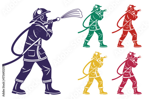 set of Firefighter with hose silhouette illustration
