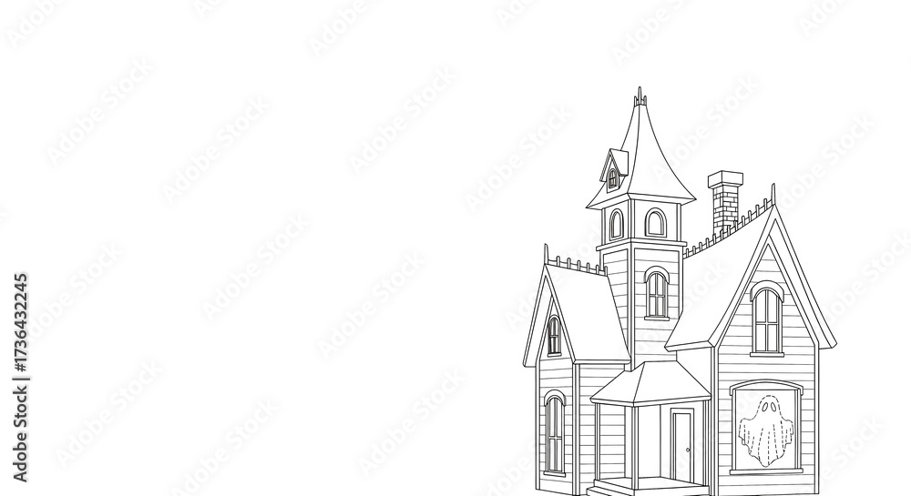 Obraz premium Conceptual illustration a simple, clean contour line drawing of a haunted house. Inside the window, the only thing visible is the faint, outline of a ghost