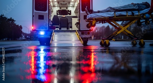 Ambulance with patient on stretcher and open back door with reflections on wet ground at night