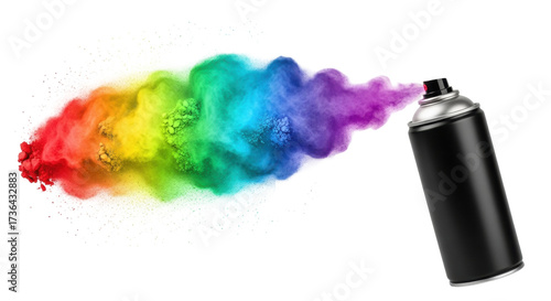 Isolated rainbow spray with black can creating a colorful cloud of pigment particles, no background