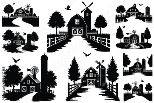 Black silhouette farm scenes with barns silos windmills and trees