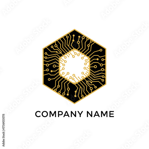 Hexagonal technology logo with golden circuit board pattern.