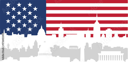 United states flag with washington dc skyline silhouette on a dark blue background illustration