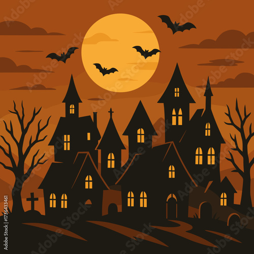 Haunted house silhouette with bats flying under a full moon on an orange background