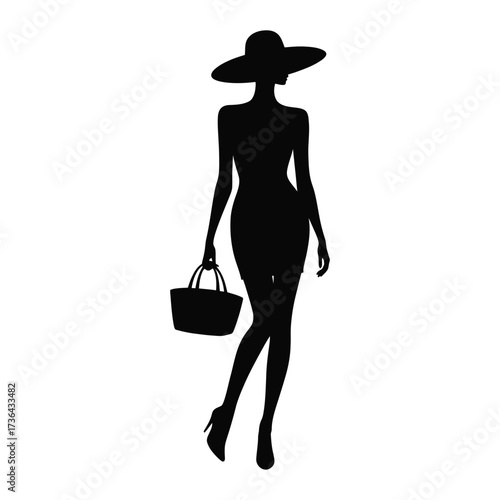 Stylish woman silhouette with hat and handbag representing fashion lifestyle isolated black and white vector illustration