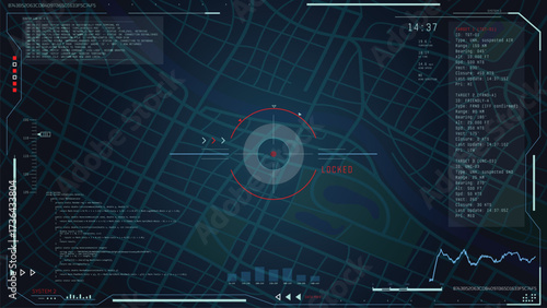 Spying digital interface. City map with streets and UI data to track target. Surveillance interface for monitoring spy or military target. Futuristic sci-fi radar for coordination and data analysis.
