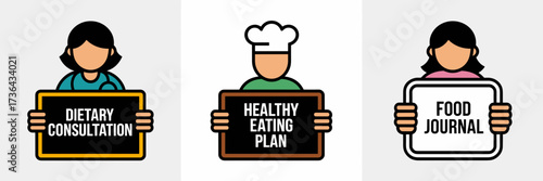 Vector illustration of icon sheet with dietary consultation healthy eating plan and food journal