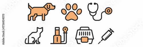 Vector icon sheet of veterinary clinic with dog, cat, paw print, stethoscope, carrier, and injection