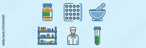 Modern vector icon sheet of independent pharmacy items