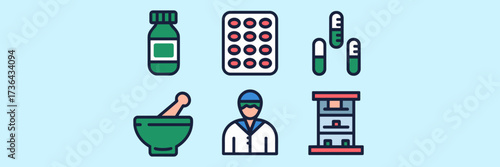 Clean vector icon sheet of independent pharmacy tools