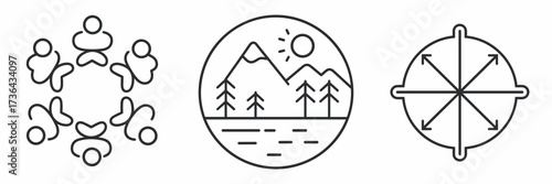 Yoga icon sheet with group class, peaceful scene, and breath control diagram