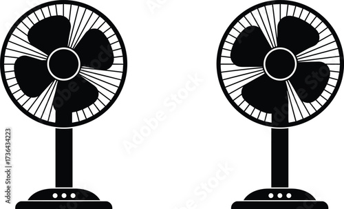 Black silhouette electric fans with circular grill and four blades, household appliance design, cooling device, ventilation equipment, modern flat vector