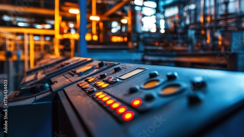 A control panel with blinking lights and buttons in a factory, representing industrial operation.