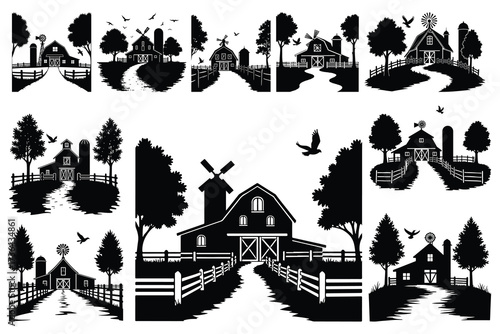 Black silhouette farm scenes with barns windmills and trees