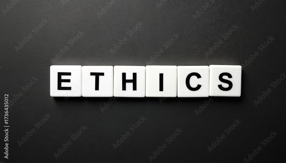 Obraz premium White tiles spell out the word ETHICS in black letters against a dark textured background. Simple clean concept for moral or professional standards.