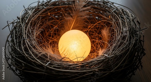 Single glowing light cradled in a nest of soft twigs, a symbol of protection and care