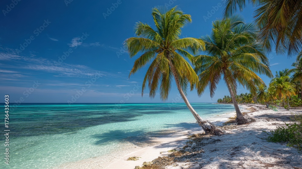 Fototapeta premium Soft white sand meets crystal clear turquoise water on a serene tropical beach. Palm trees sway gently in the light breeze, creating a peaceful atmosphere.