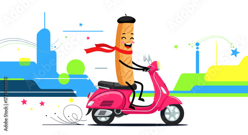 A happy baguette character rides a pink scooter through a colorful city.