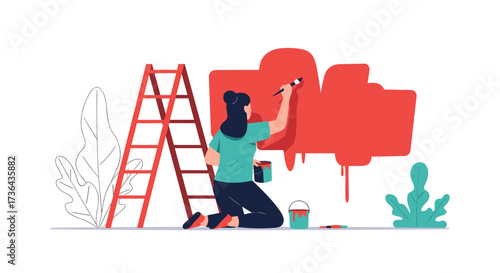 A person paints a large red mural on a wall with a ladder and plants nearby.