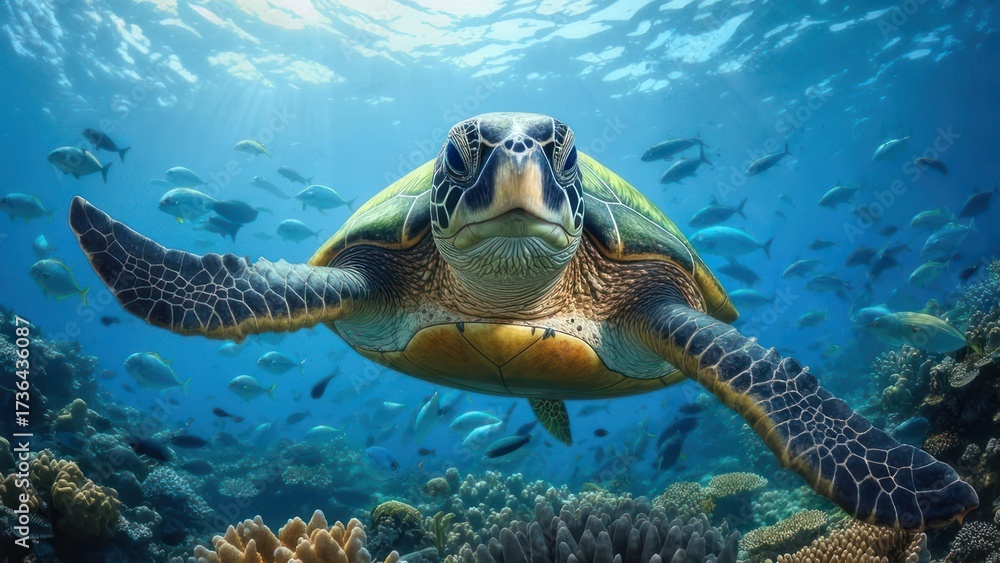 Obraz premium Majestic Sea Turtle Gliding Through Coral Reef Ecosystem Underwater.
