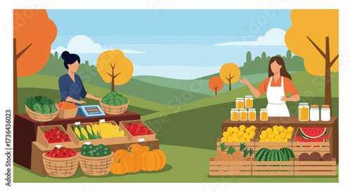A vibrant autumn farmer's market scene with two vendors selling fresh produce and homemade goods surrounded by rolling hills and colorful trees.