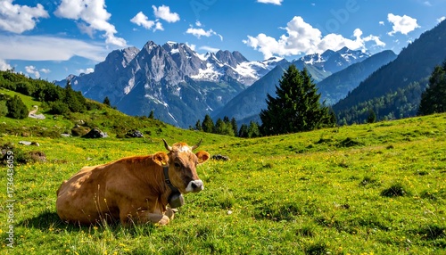 Fototapeta Naklejka Na Ścianę i Meble -  Cow resting in a meadow at foot of mountains