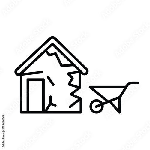 Damaged house and wheelbarrow icon for renovation or demolition