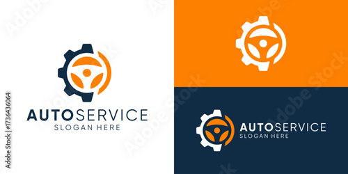 Creative simple auto service logo template. Steering wheel with gear for Car service logo design vector illustration.