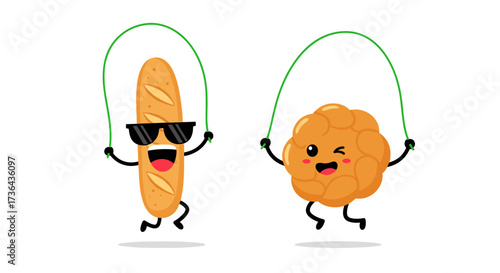 Two cartoon bread characters joyfully jumping rope together outdoors on a bright sunny day.