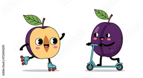 Cute cartoon plum fruit character roller skating while another plum rides a scooter. This is a fun and colorful illustration.
