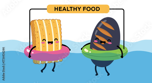 Animated characters enjoying swimming with healthy food options.